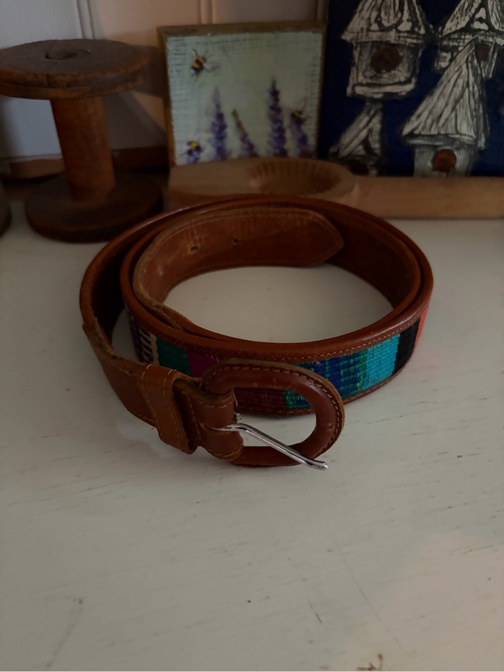 Women’s Leather Accent Belt with Multicolor Woven Panel - Brown, Vintage